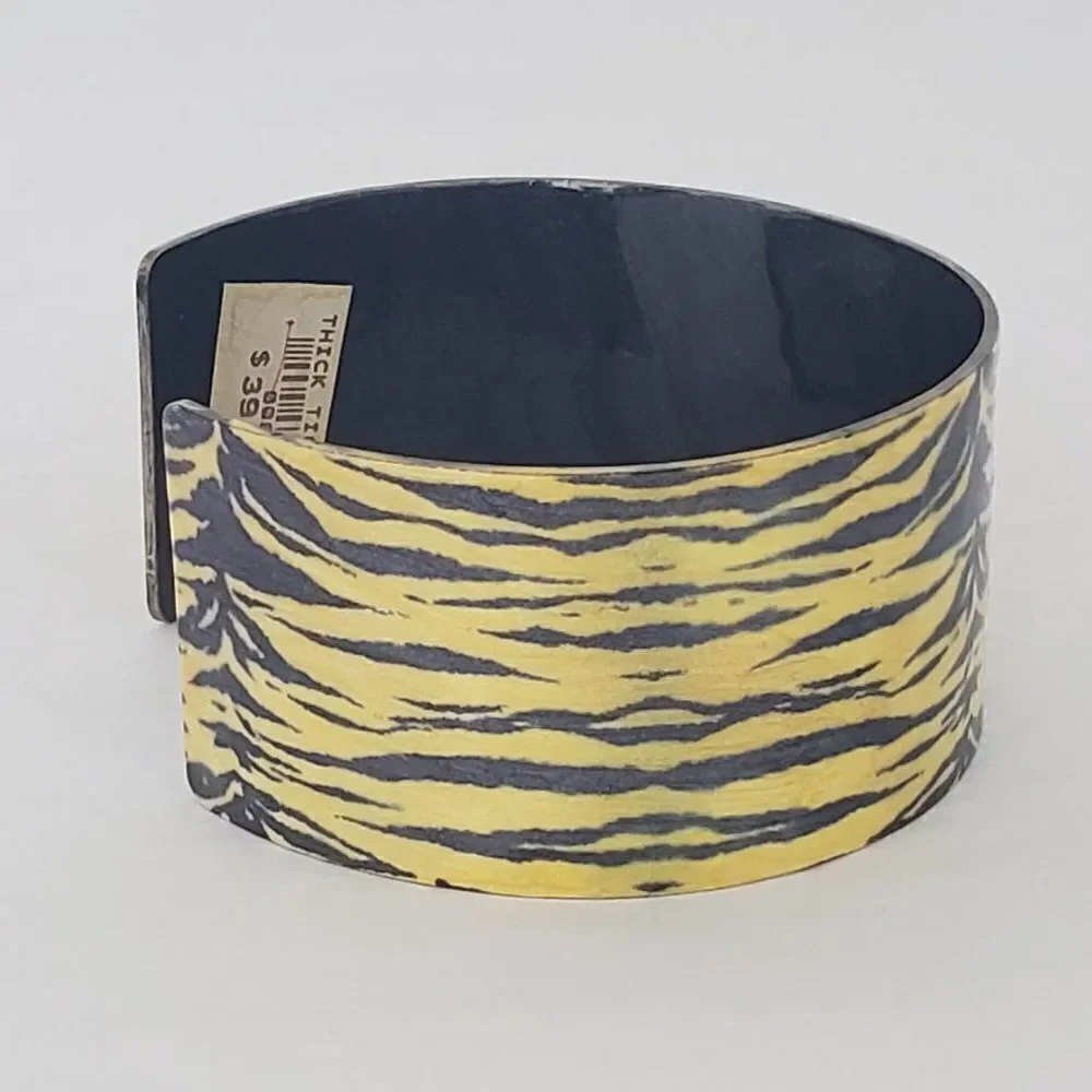 Yellow Black Tiger Stripe Glitter‎ Enamel Metal Cuff Statement Wide Bracelet